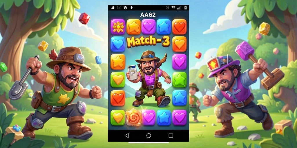 Tampilan gameplay seru dalam game Match-3 AA62 yang menantang.