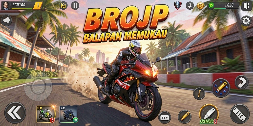 Screenshot gameplay BROJP menampilkan balapan motor yang mendebarkan.
