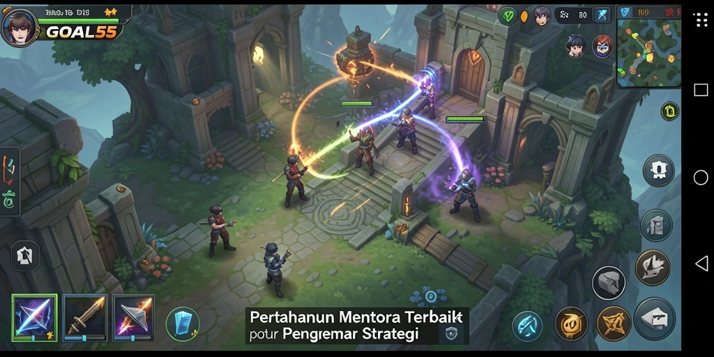 Screenshot GOAL55 menunjukkan aksi menara pertahanan yang intens.