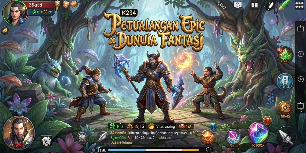 Screenshot K234 menampilkan pertempuran epik dan eksplorasi dunia fantasi.