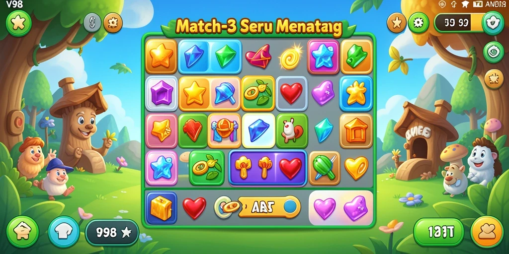 Tangkapan layar gameplay V98 yang menggambarkan keseruan Match-3.